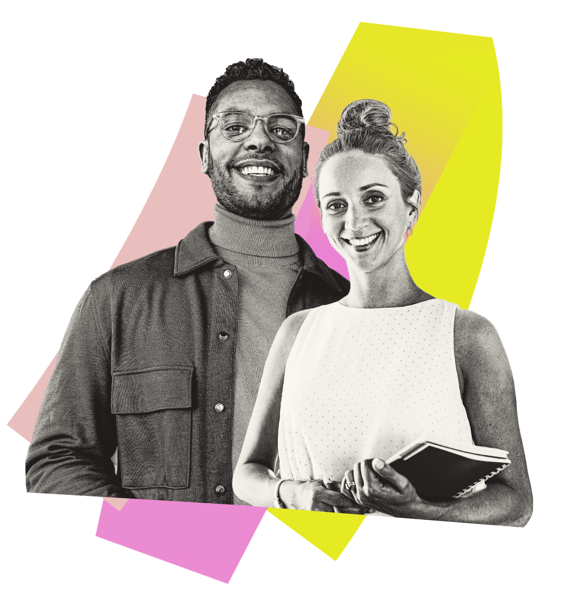 Graphic collaged image of a smiling colleagues