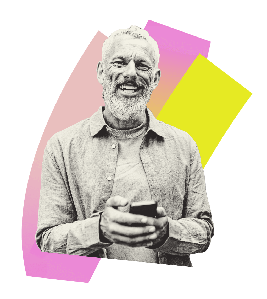 Graphic image of a smiling older man holding a phone