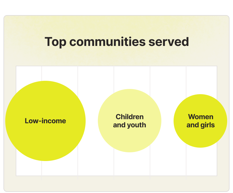 Product illustration of a chart showing top communities served on Catchafire.