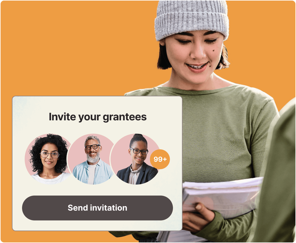 Photo illustration of a nonprofit leader volunteering with a platform illustration prompting users to invite their grantees to Catchafire Photo illustration of a nonprofit leader volunteering with a platform illustration prompting users to invite their grantees to Catchafire